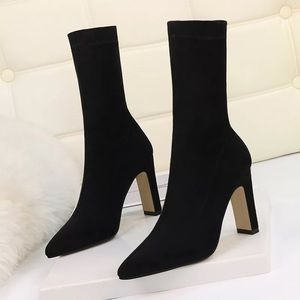 High Heel Sock Boots Black Suede NEW